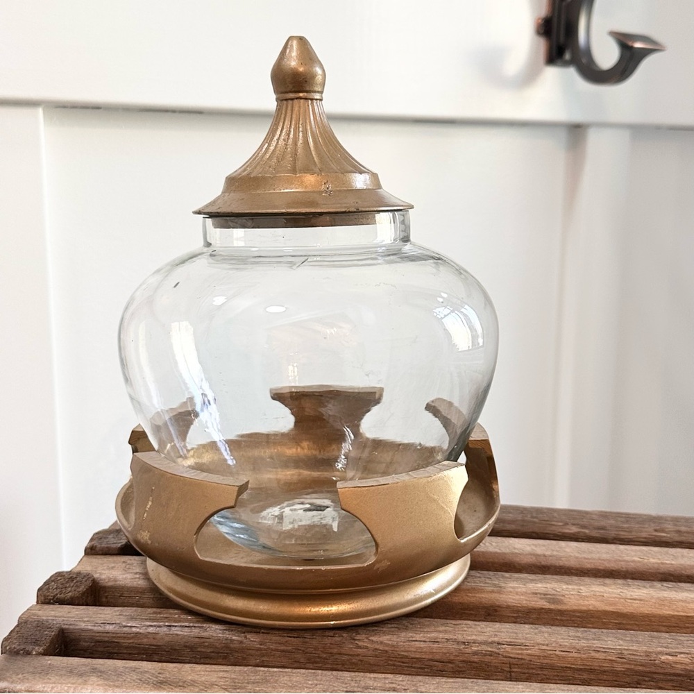 Vintage Apothecary Candy Jar Drug Store Display Heavy Metal Base Lid Glass Gold